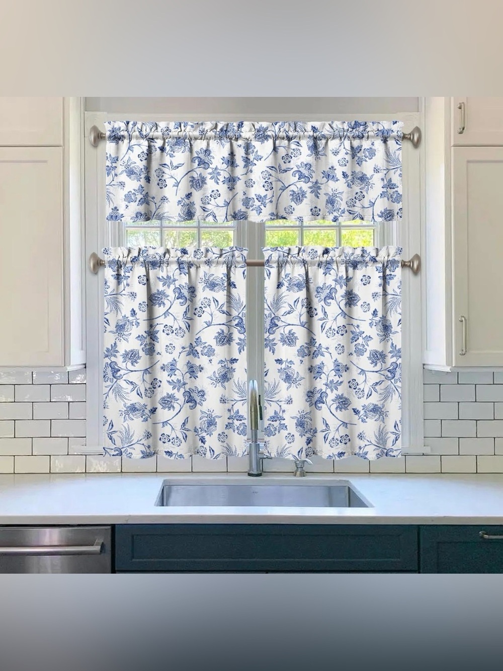 Blue Floral Kitchen Café Curtains - Classic Window Tier Set